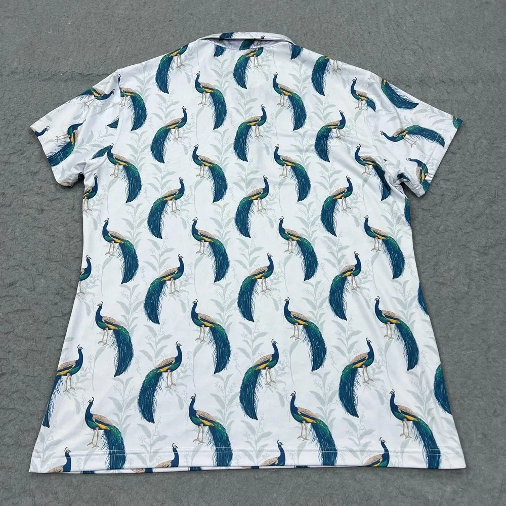 Waggle Polo Shirt Women's XL White Peacocking Bird AOP Golf Athletic Wicking Top - Picture 8 of 9